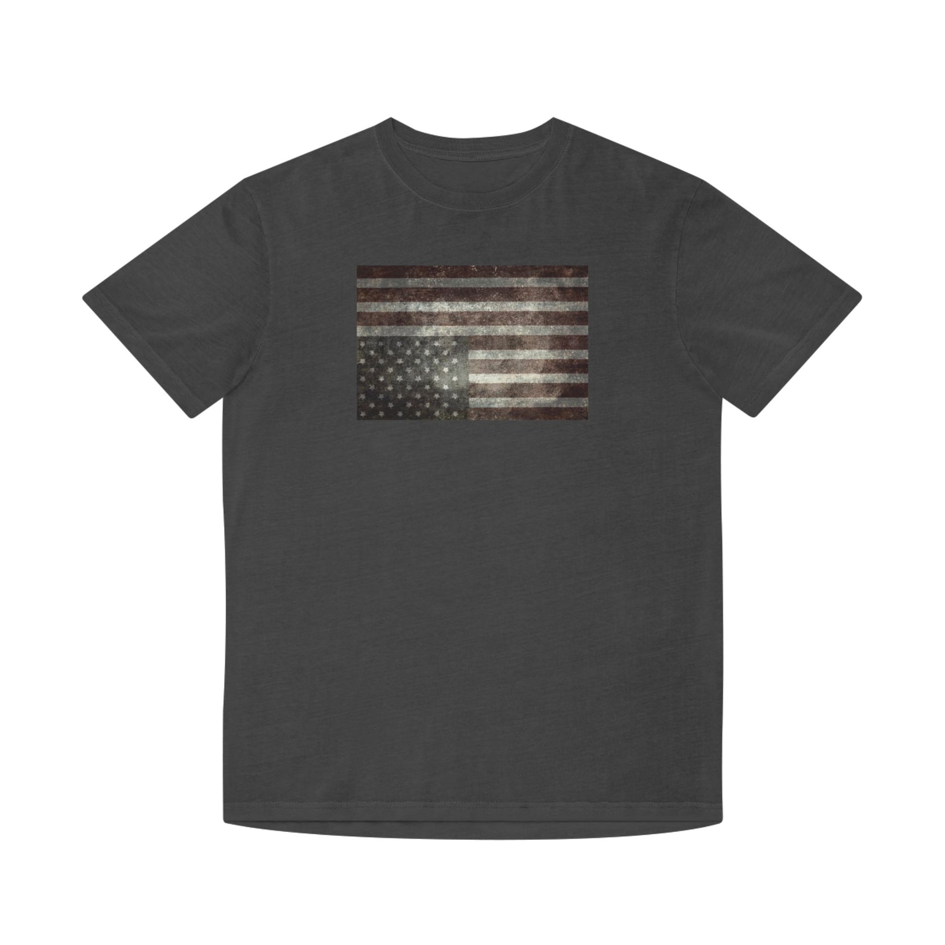 Faded black t-shirt featuring a faded upside down american flag - upside down flags are internationally recognized symbol for a nation in distress