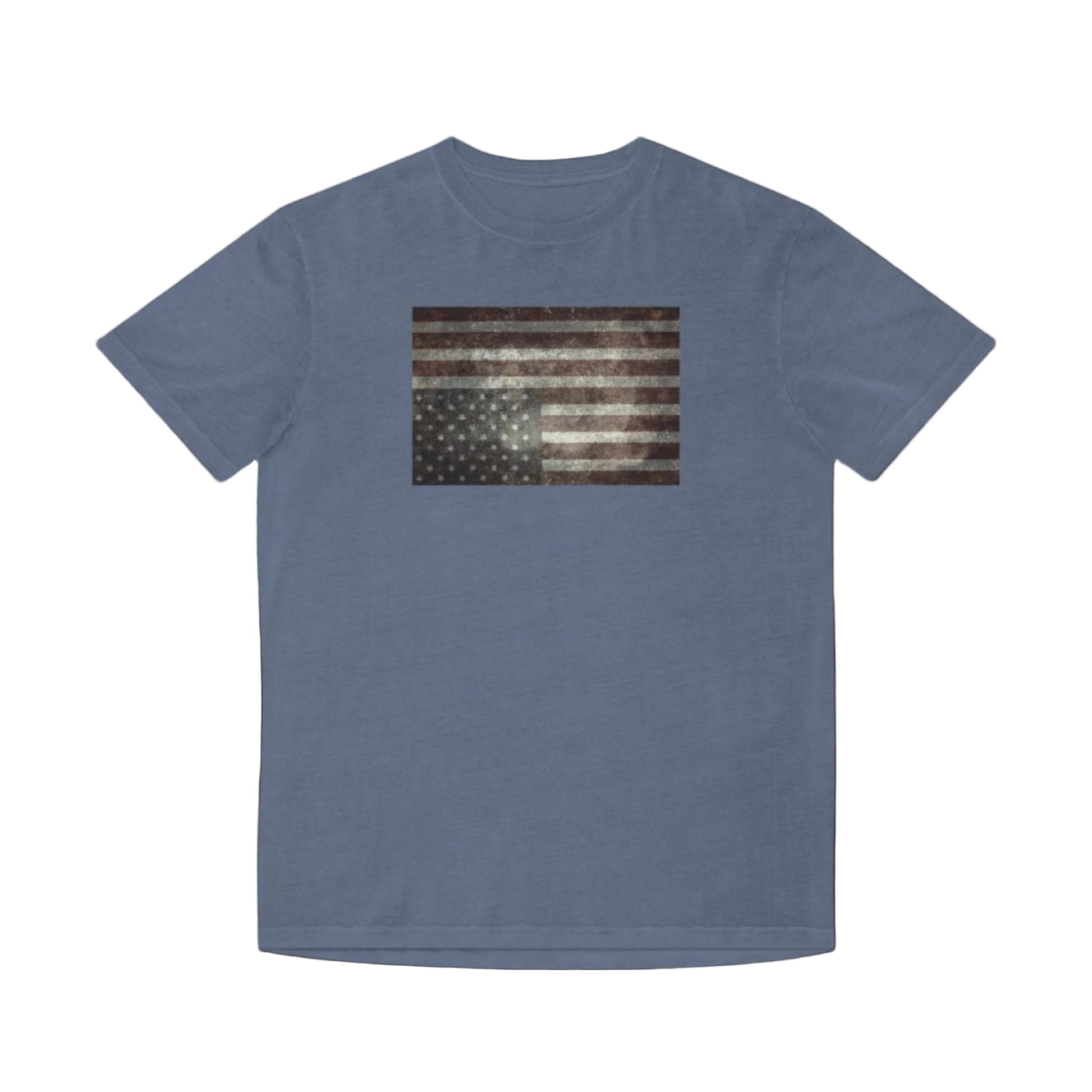 Stone blue t-shirt featuring a faded upside down american flag - upside down flags are internationally recognized symbol for a nation in distress