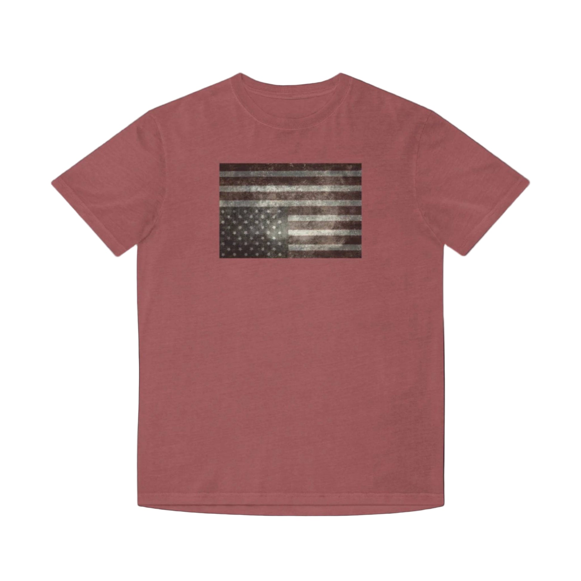 Faded red t-shirt featuring a faded upside down american flag - upside down flags are internationally recognized symbol for a nation in distress