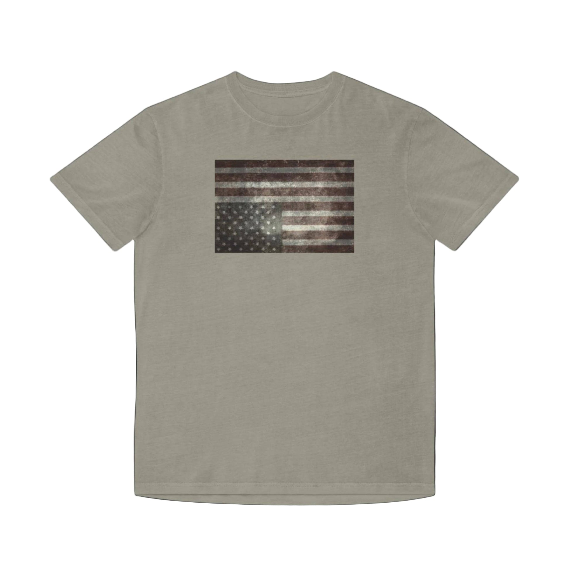 Faded army green t-shirt featuring a faded upside down american flag - upside down flags are internationally recognized symbol for a nation in distress