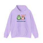Lilac hoodie with cartoon frog and pig characters holding hands and text 'WE WILL NOT BE QUIET' on a white background by empowHER by Heidi | protest wear