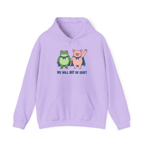 Lilac hoodie with cartoon frog and pig characters holding hands and text 'WE WILL NOT BE QUIET' on a white background by empowHER by Heidi | protest wear
