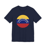 Navy blue t-shirt with a circular design featuring the Venezuelan flag and 'I stand with Venezuela' text by empowHER by Heidi