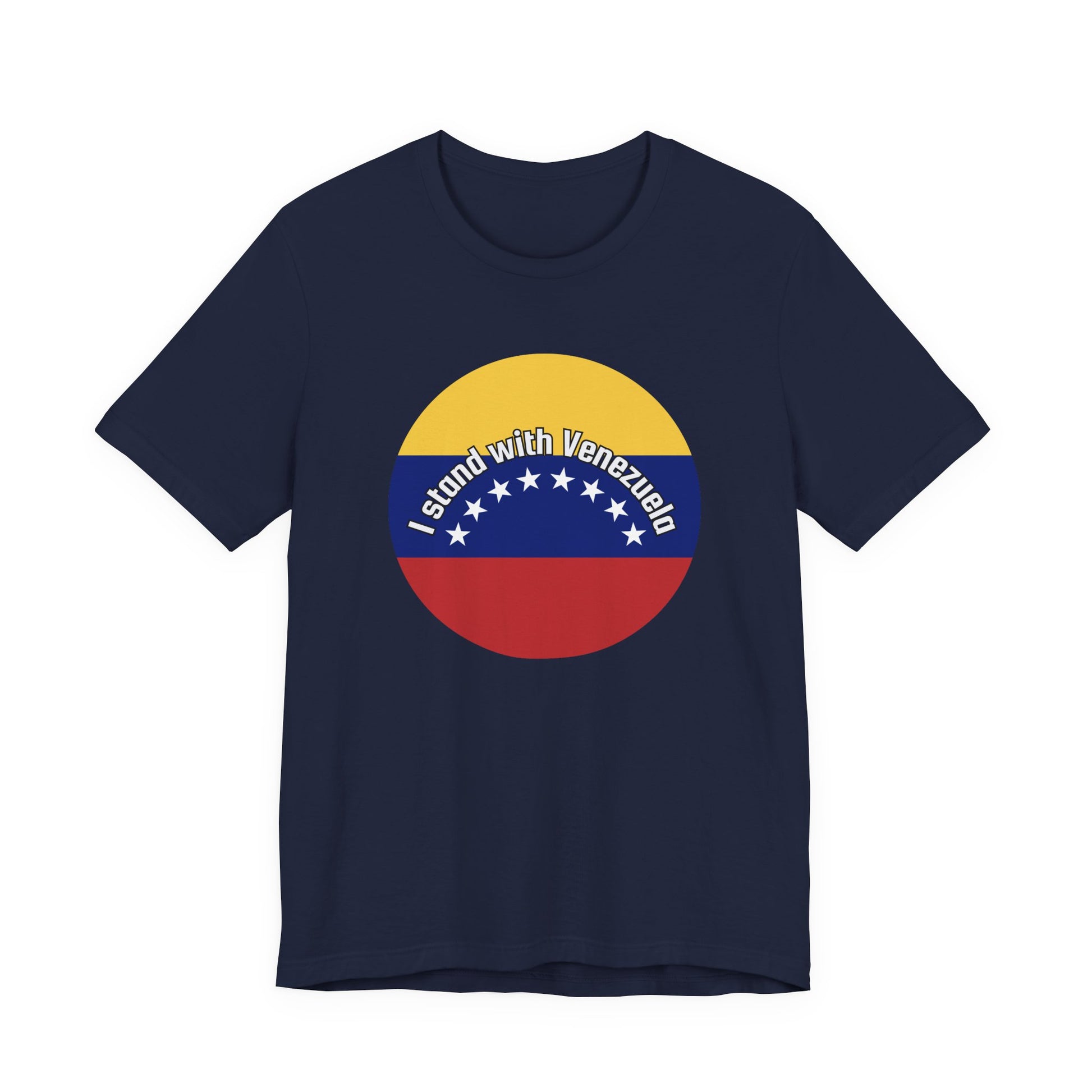 Navy blue t-shirt with a circular design featuring the Venezuelan flag and 'I stand with Venezuela' text by empowHER by Heidi