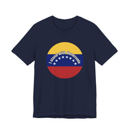 Navy blue t-shirt with a circular design featuring the Venezuelan flag and 'I stand with Venezuela' text by empowHER by Heidi