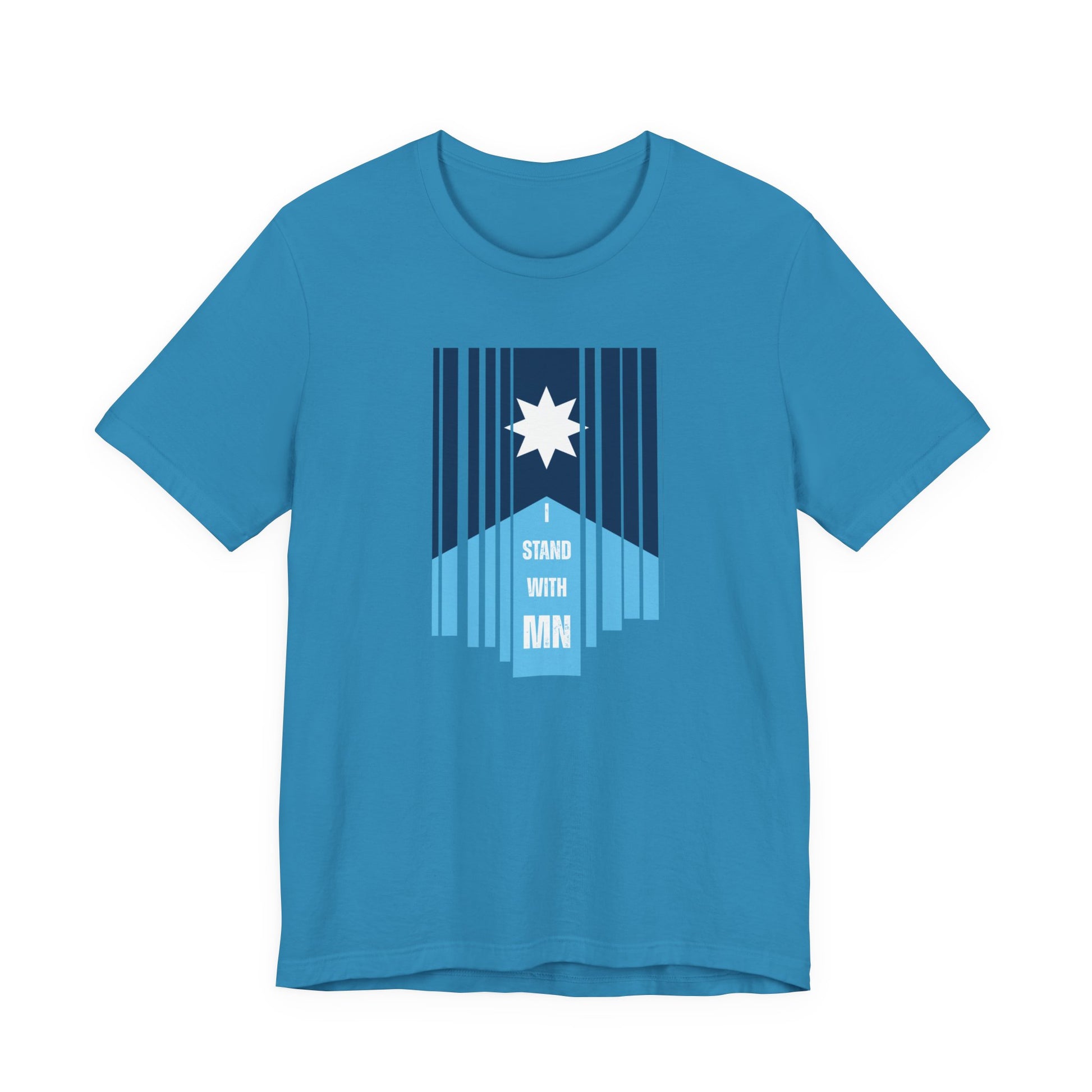 Blue t-shirt with a stylized Minnesota flag and text "I Stand with MN" by empowHER by Heidi