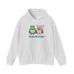 Gray hoodie with cartoon frog and pig characters holding hands and text 'WE WILL NOT BE QUIET' on a white background by empowHER by Heidi | protest wear