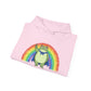 Folded pink hoodie with the Portland protest frog and Pride rainbow design by empowHER by Heidi