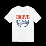 White t-shirt with 'Darvo nation' graphic design on a black background