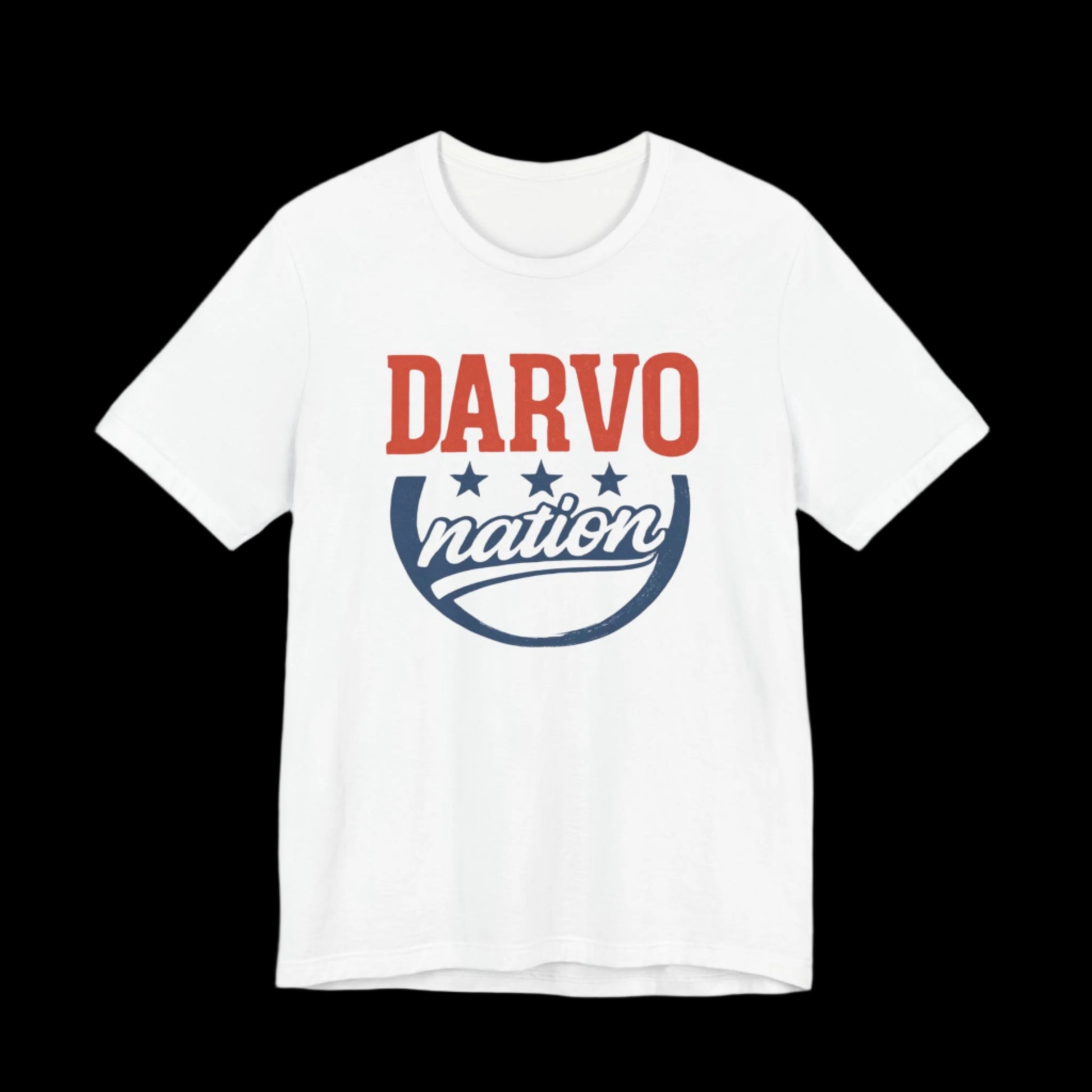 White t-shirt with 'Darvo nation' graphic design on a black background