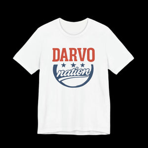 White t-shirt with 'Darvo nation' graphic design on a black background