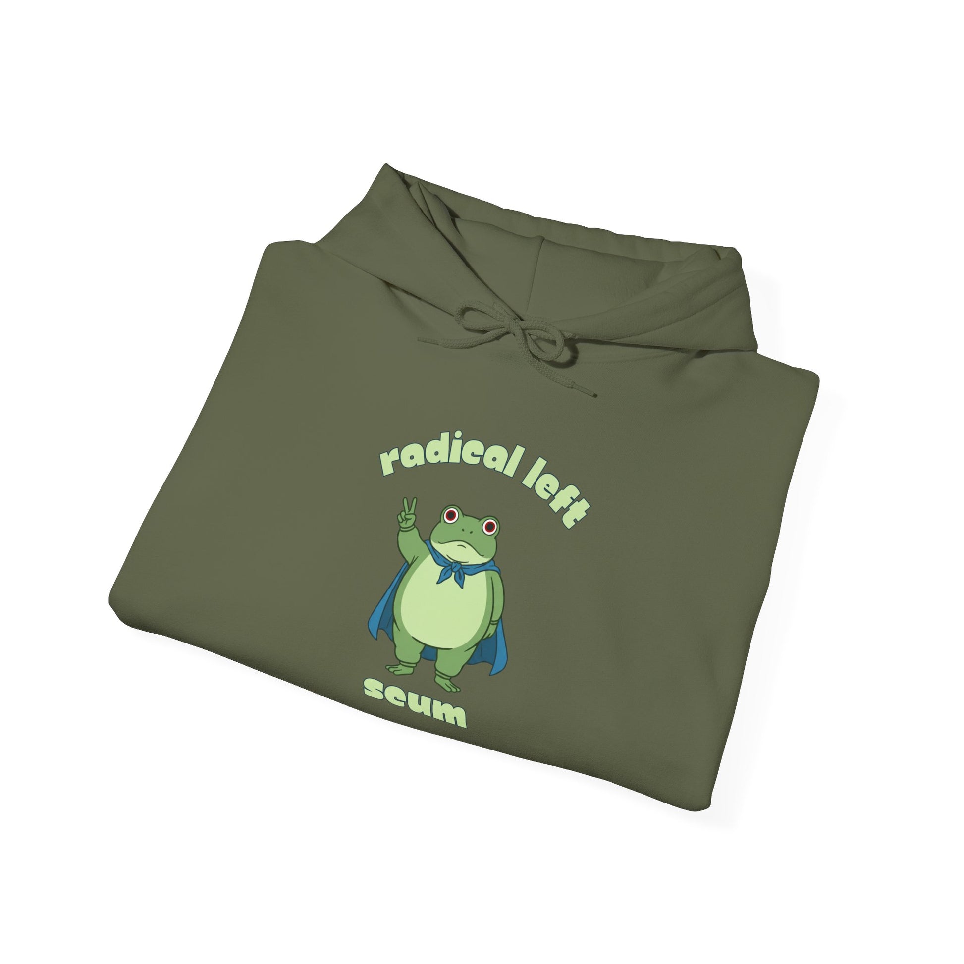 Folded green hoodie with a graphic of the Portland protest frog and text "radical left scum" by empowHER by Heidi