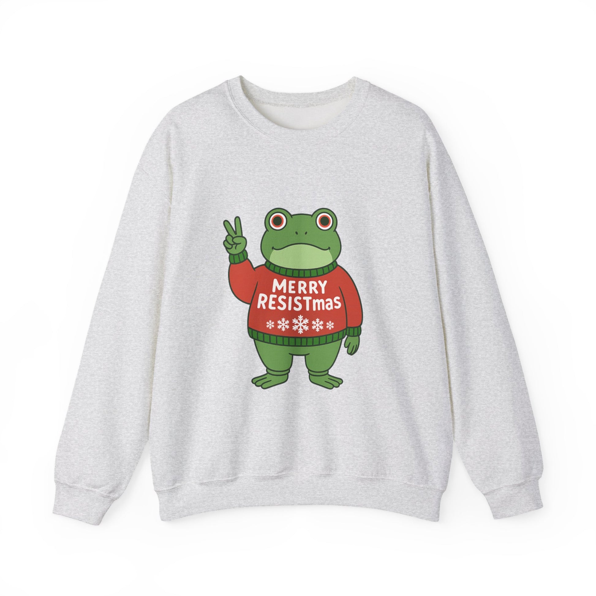 Ash sweatshirt with the Portland protest frog wearing a sweater displaying 'Merry Resistmas' by empowHERbyHeidi