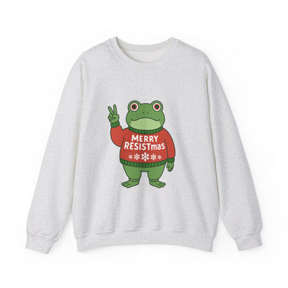 Ash sweatshirt with the Portland protest frog wearing a sweater displaying 'Merry Resistmas' by empowHERbyHeidi