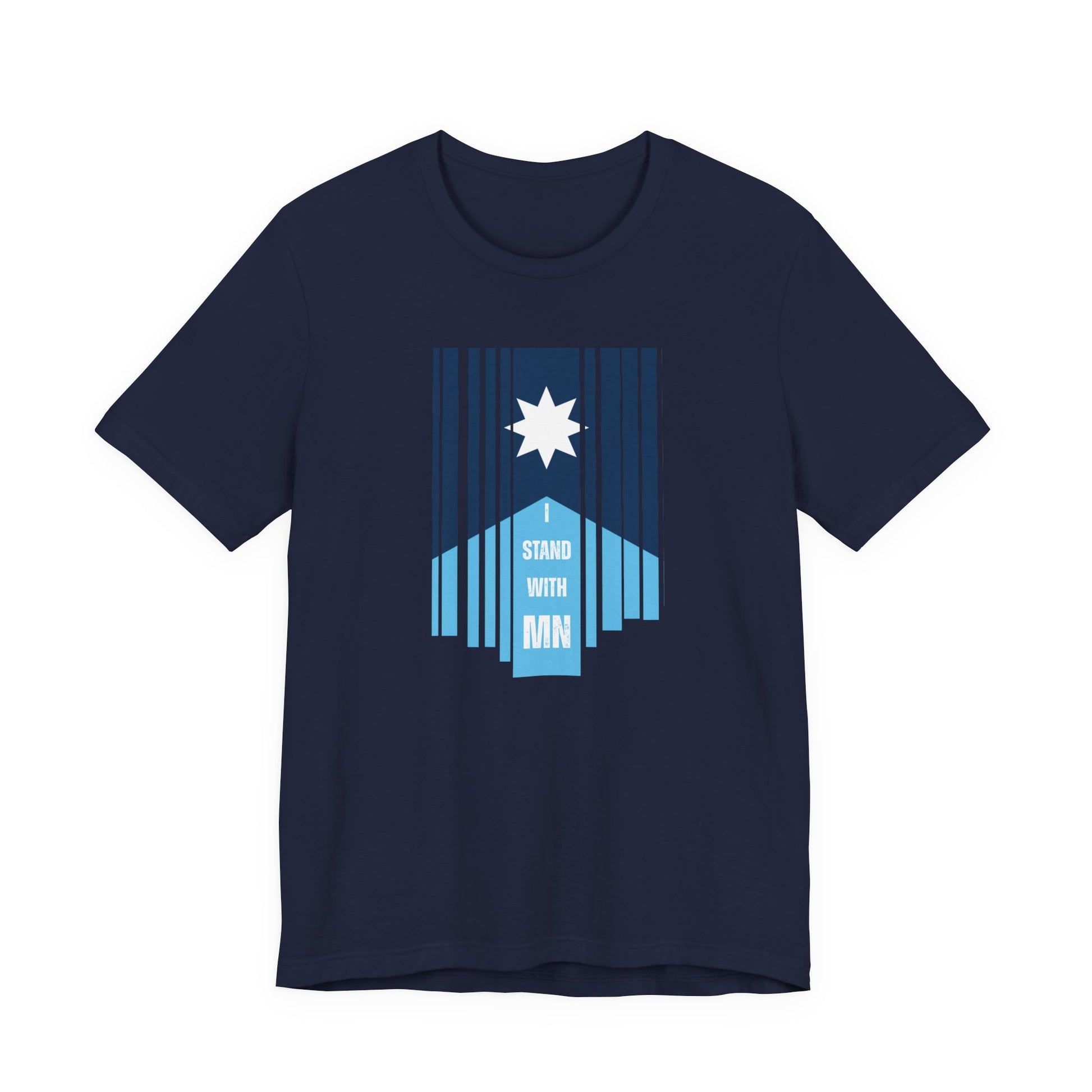 Navy Blue t-shirt with a stylized Minnesota flag and text "I Stand with MN" by empowHER by Heidi