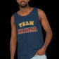 Man wearing a navy tank top with 'Team Karma' text on a black background