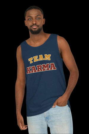 Man wearing a navy tank top with 'Team Karma' text on a black background