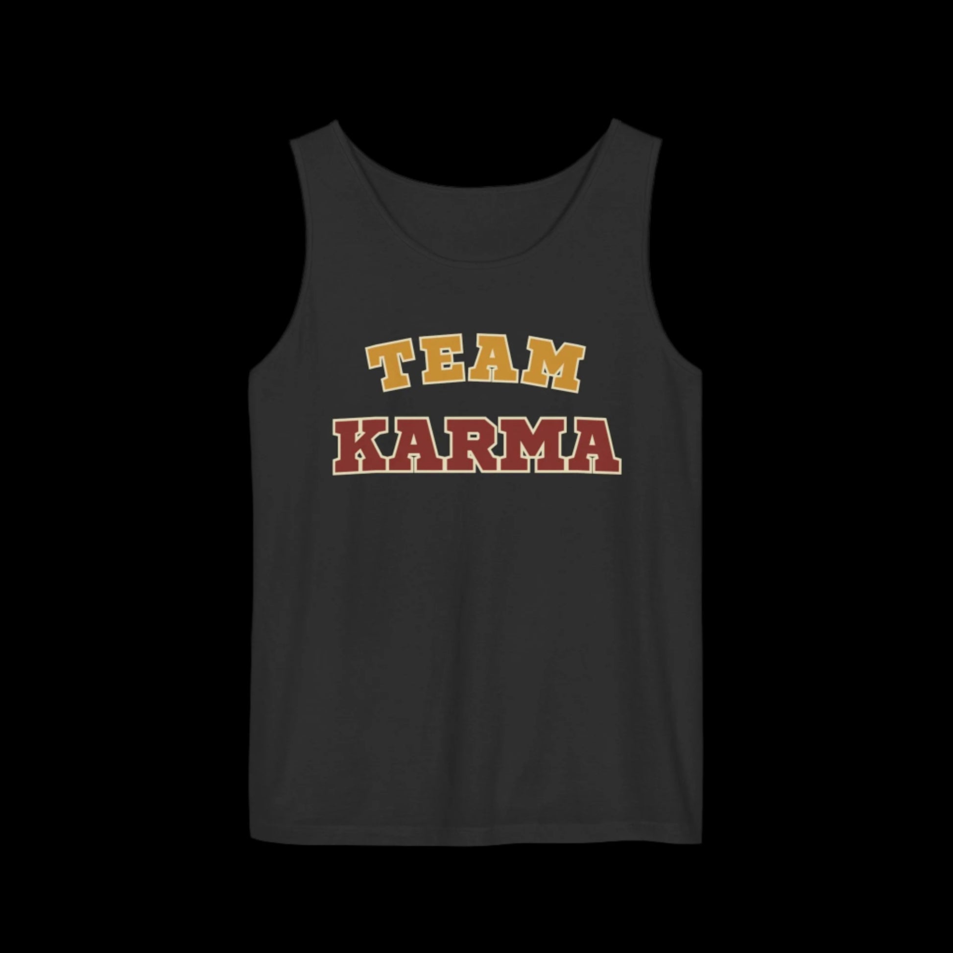 Black tank top with 'Team Karma' text on a black background