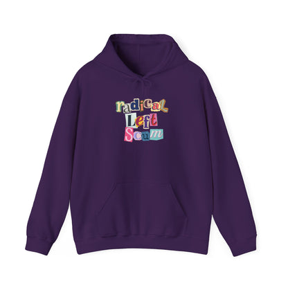Purple hoodie with colorful text "radical left scum" design by empowHER by Heidi