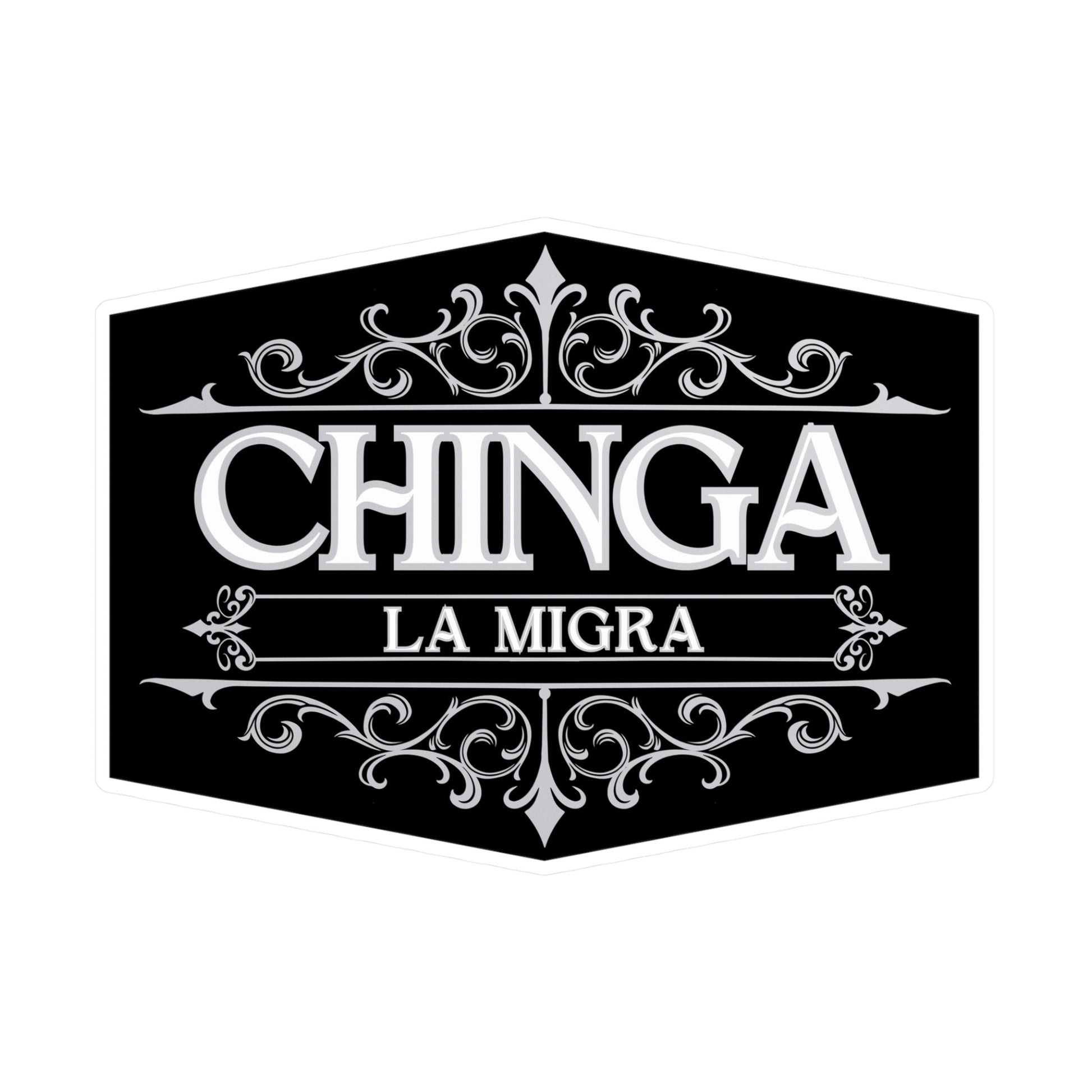 Decorative sticker with 'CHINGA LA MIGRA' text on a black background by empowHER by Heidi