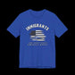 Blue t-shirt with American flag graphic and text that says "Immigrants are what make America Great" on a black background
