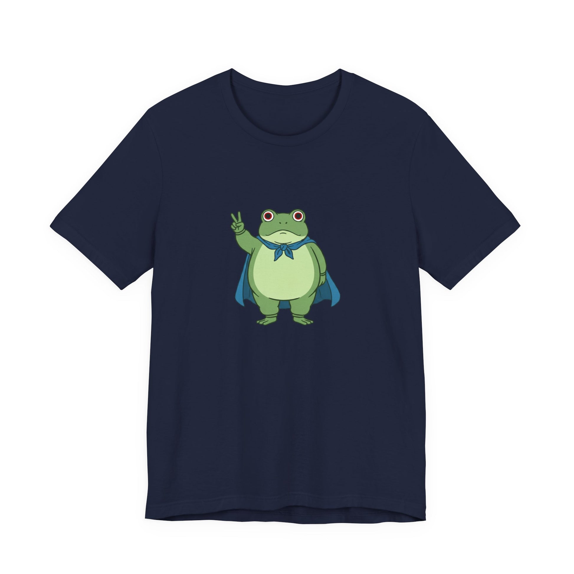 Navy t-shirt with a bold graphic of the Portland protest frog—red eyes, blue cape, and unimpressed face by empowHERbyHeidi