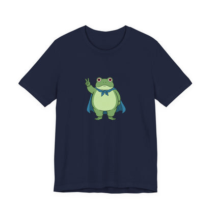 Navy t-shirt with a bold graphic of the Portland protest frog—red eyes, blue cape, and unimpressed face by empowHERbyHeidi