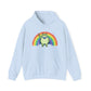 Light blue hoodie with the Portland protest frog and Pride rainbow design by empowHER by Heidi