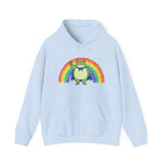 Light blue hoodie with the Portland protest frog and Pride rainbow design by empowHER by Heidi
