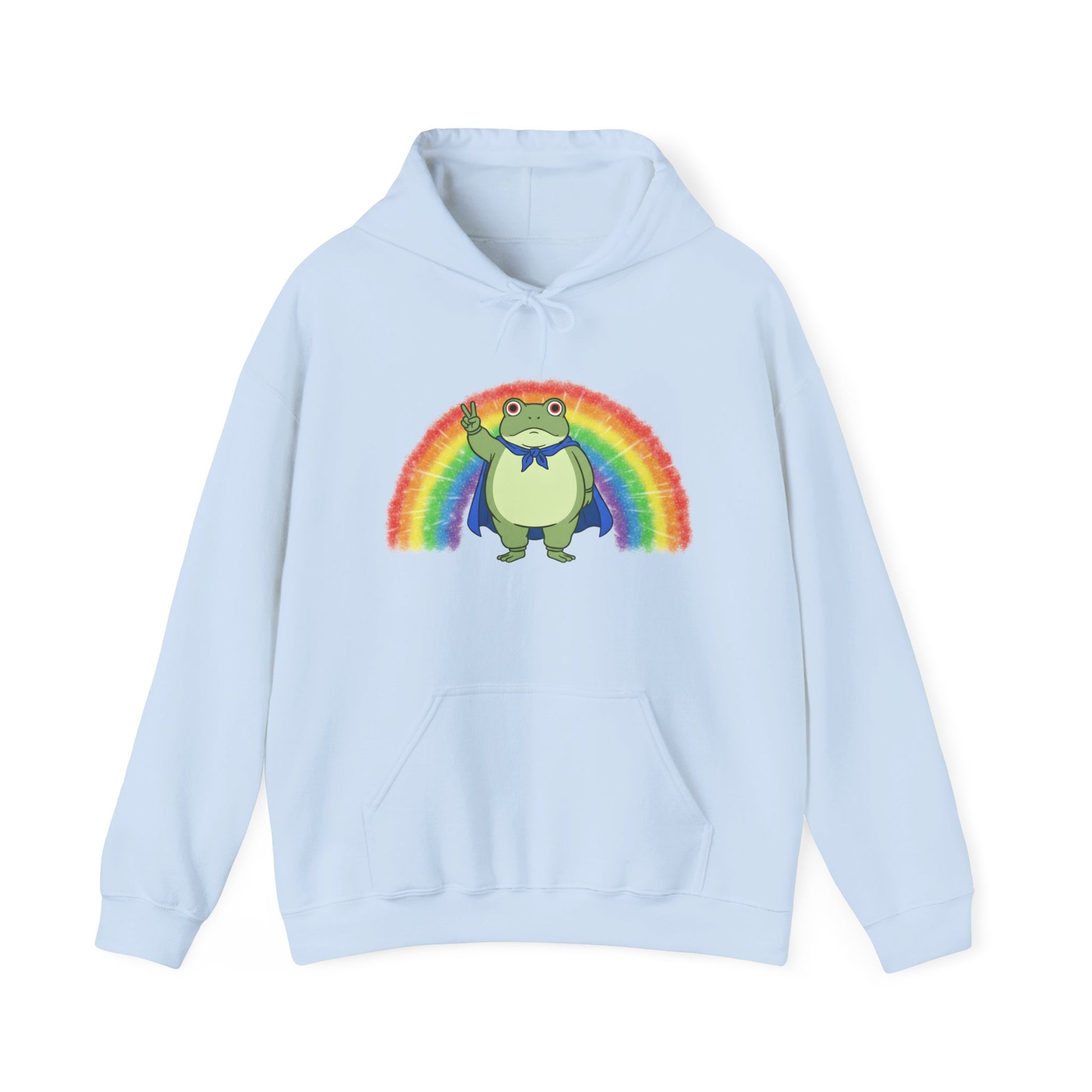 Light blue hoodie with the Portland protest frog and Pride rainbow design by empowHER by Heidi