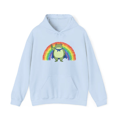 Light blue hoodie with the Portland protest frog and Pride rainbow design by empowHER by Heidi