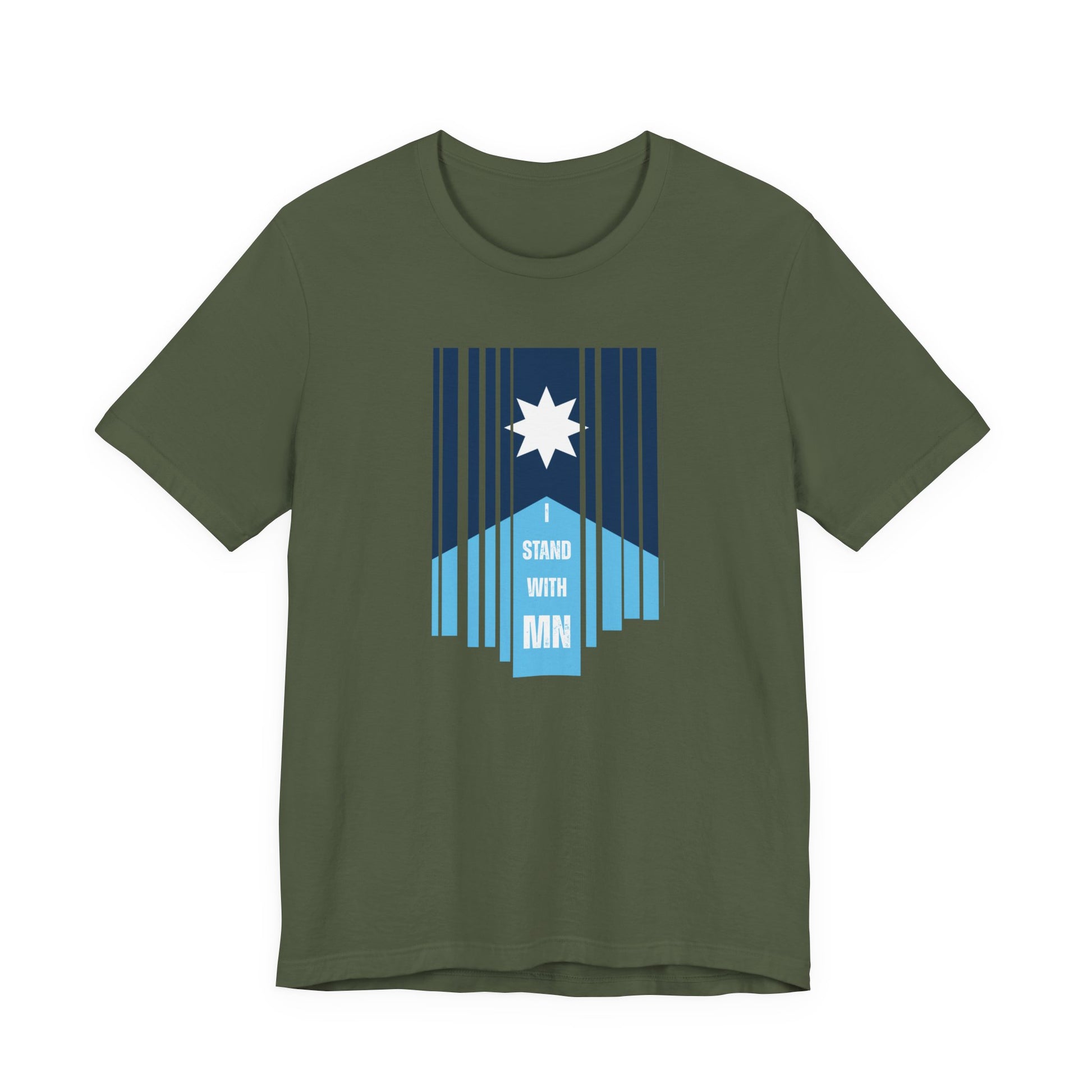 Military green t-shirt with a stylized Minnesota flag and text "I Stand with MN" by empowHER by Heidi