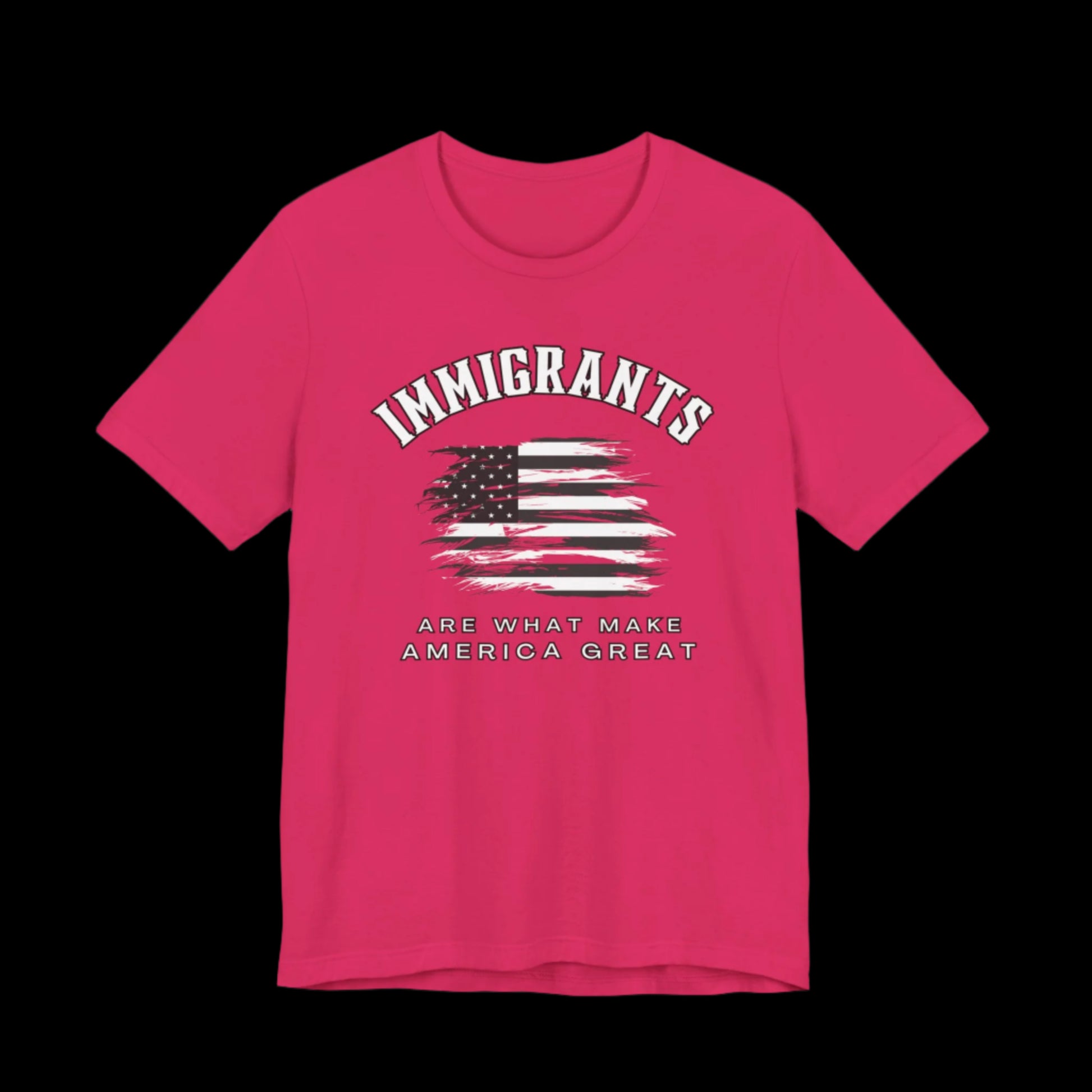 Pink t-shirt with American flag graphic and text that says "Immigrants are what make America Great" on a black background