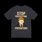 Black t-shirt with a graphic of a person  that looks like the silhouette of trump and text 'Stop Protecting Predators' 