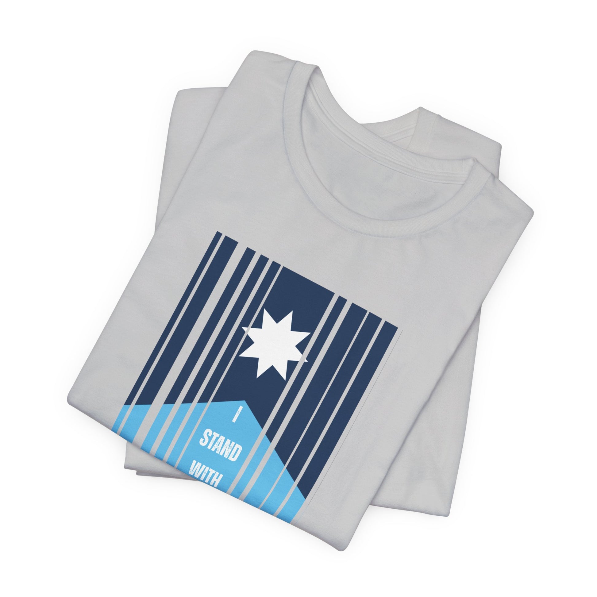 Folded gray t-shirt with a stylized Minnesota flag and text "I Stand with MN" by empowHER by Heidi