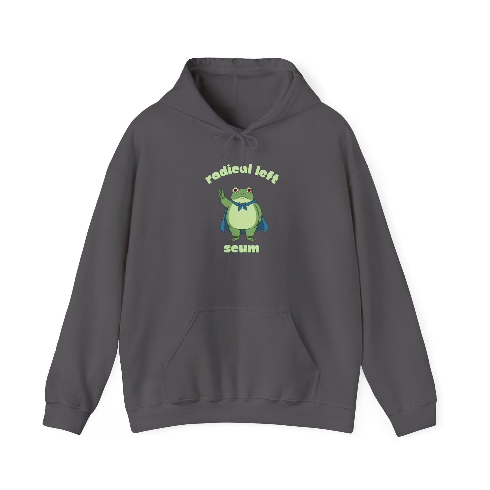 Gray hoodie with a graphic of the Portland protest frog and text "radical left scum" by empowHER by Heidi