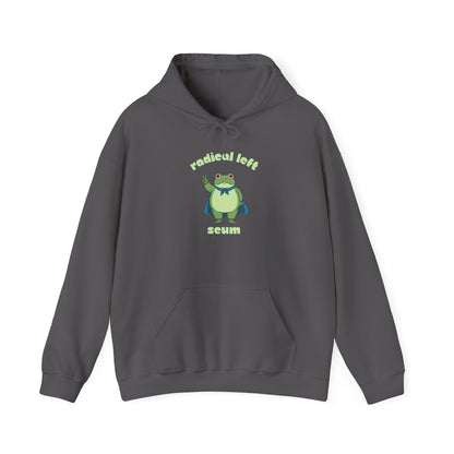 Gray hoodie with a graphic of the Portland protest frog and text "radical left scum" by empowHER by Heidi