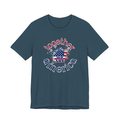 Navy blue t-shirt with 'Together We Are America' graphic design on a white background