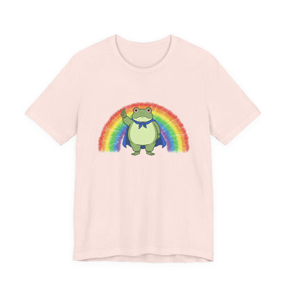 Pink t-shirt with the Portland protest frog and Pride rainbow design by empowHER by Heidi