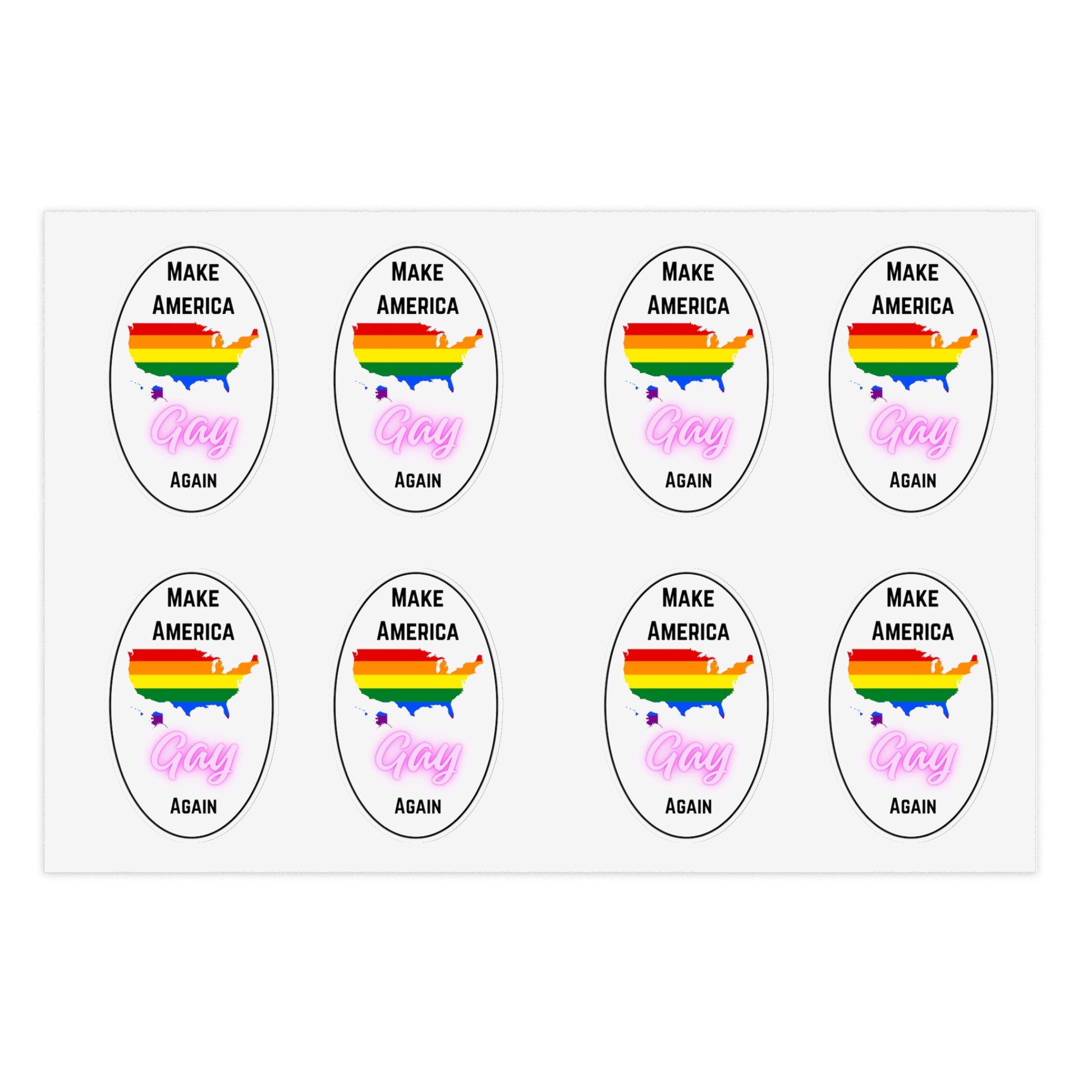Set of stickers with rainbow-colored United States map and text 'Make America Gay Again' on a white background.