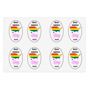 Set of stickers with rainbow-colored United States map and text 'Make America Gay Again' on a white background.