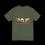 Military green  t-shirt with 'PAM' logo "Peak American Mischief" on the back against a black background
