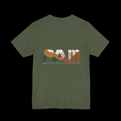 Military green  t-shirt with 'PAM' logo "Peak American Mischief" on the back against a black background