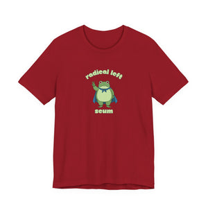 Red t-shirt with a graphic of the Portland protest frog and text "radical left scum" by empowHER by Heidi