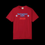 Red t-shirt with 'Springsteen Swift 2028' text on a black background