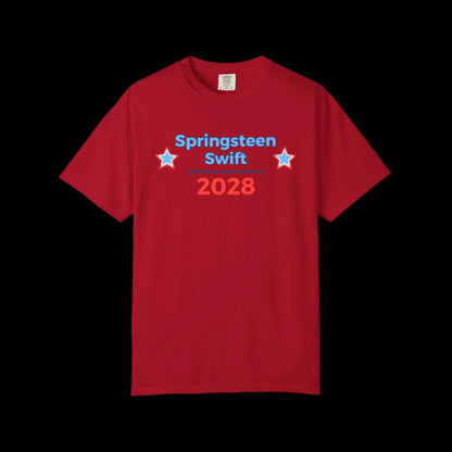 Red t-shirt with 'Springsteen Swift 2028' text on a black background