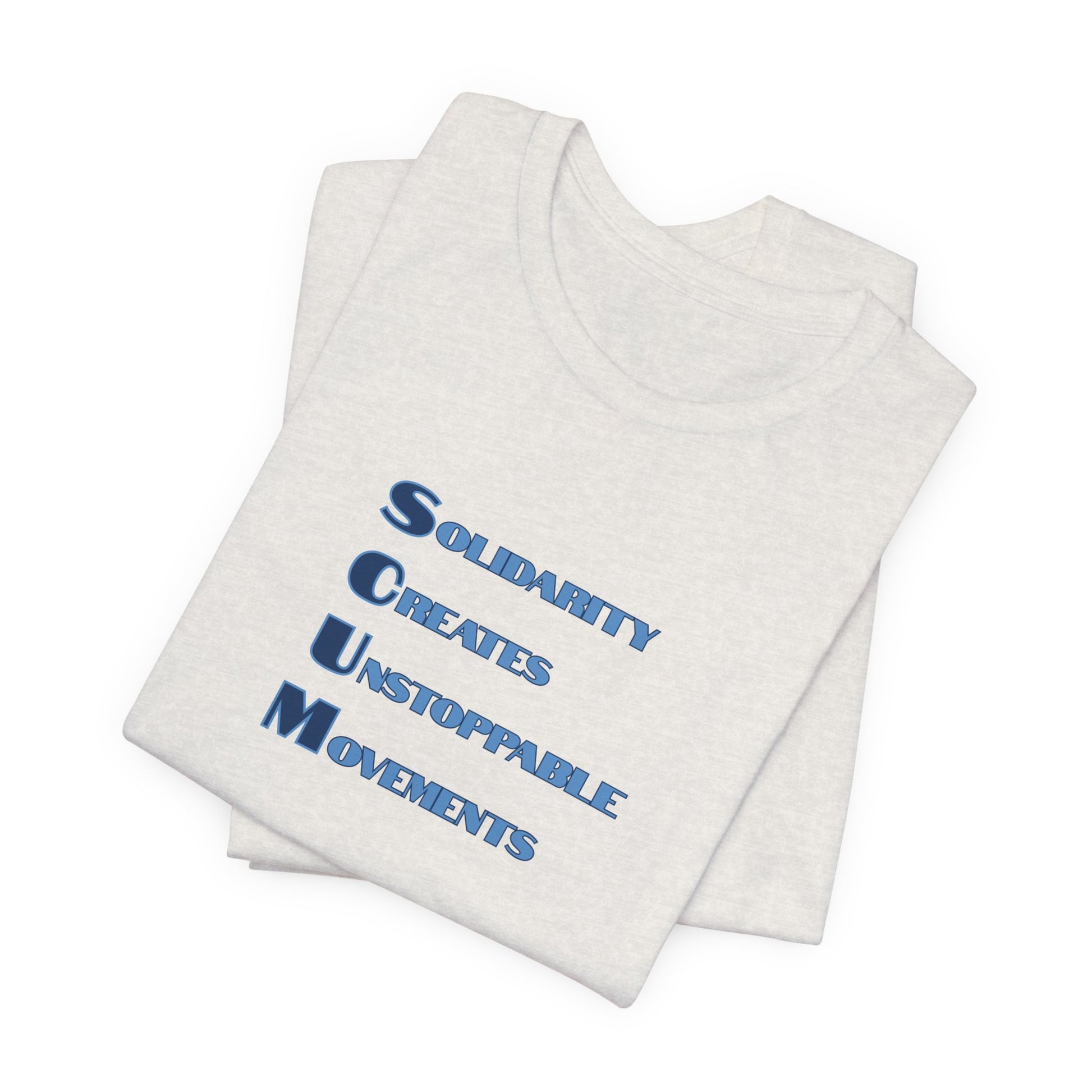 Heather cement t-shirt with blue text 'Solidarity Creates Unstoppable Movements' by empowHER by Heidi
