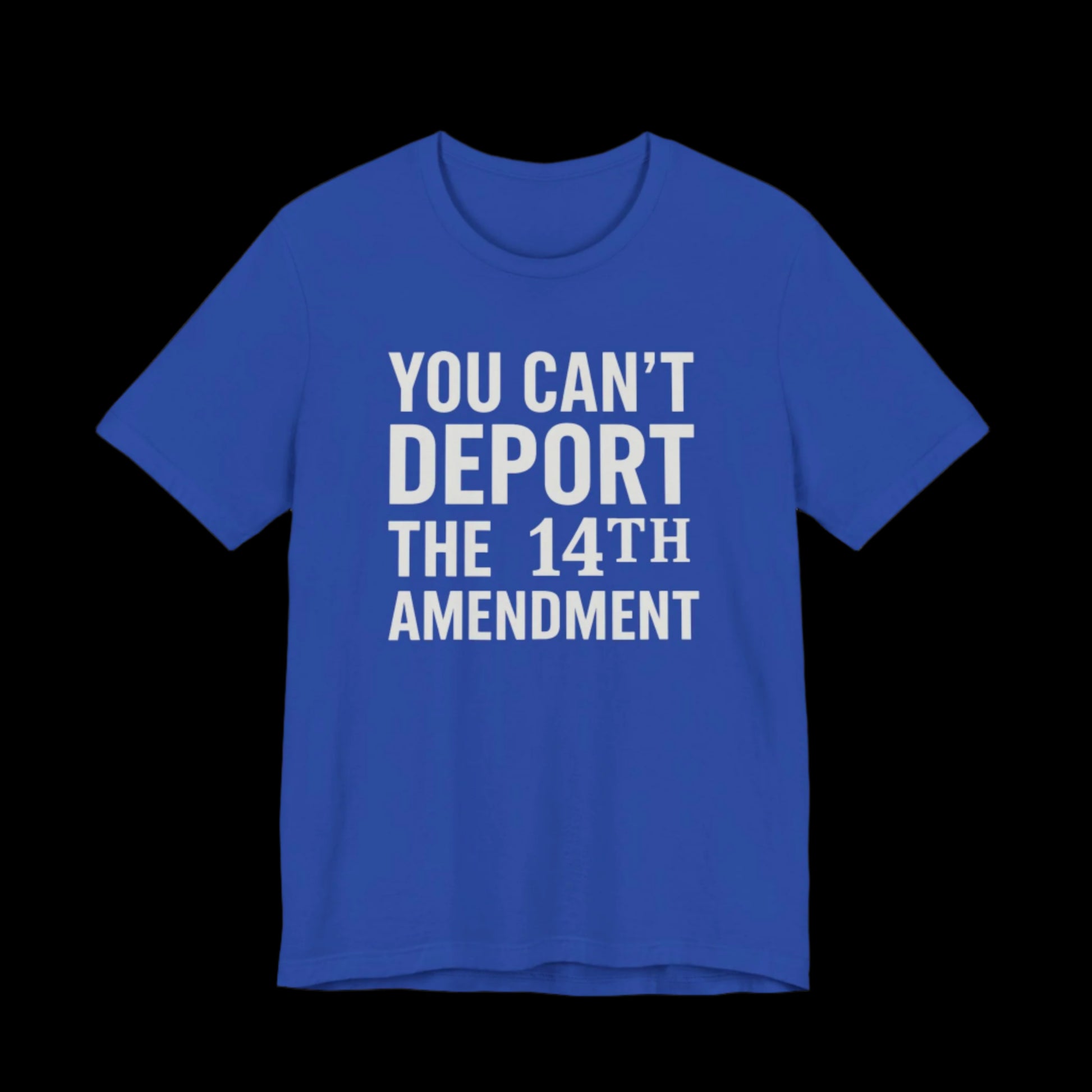 Blue t-shirt with white text 'YOU CAN'T DEPORT THE 14TH AMENDMENT' on a plain background