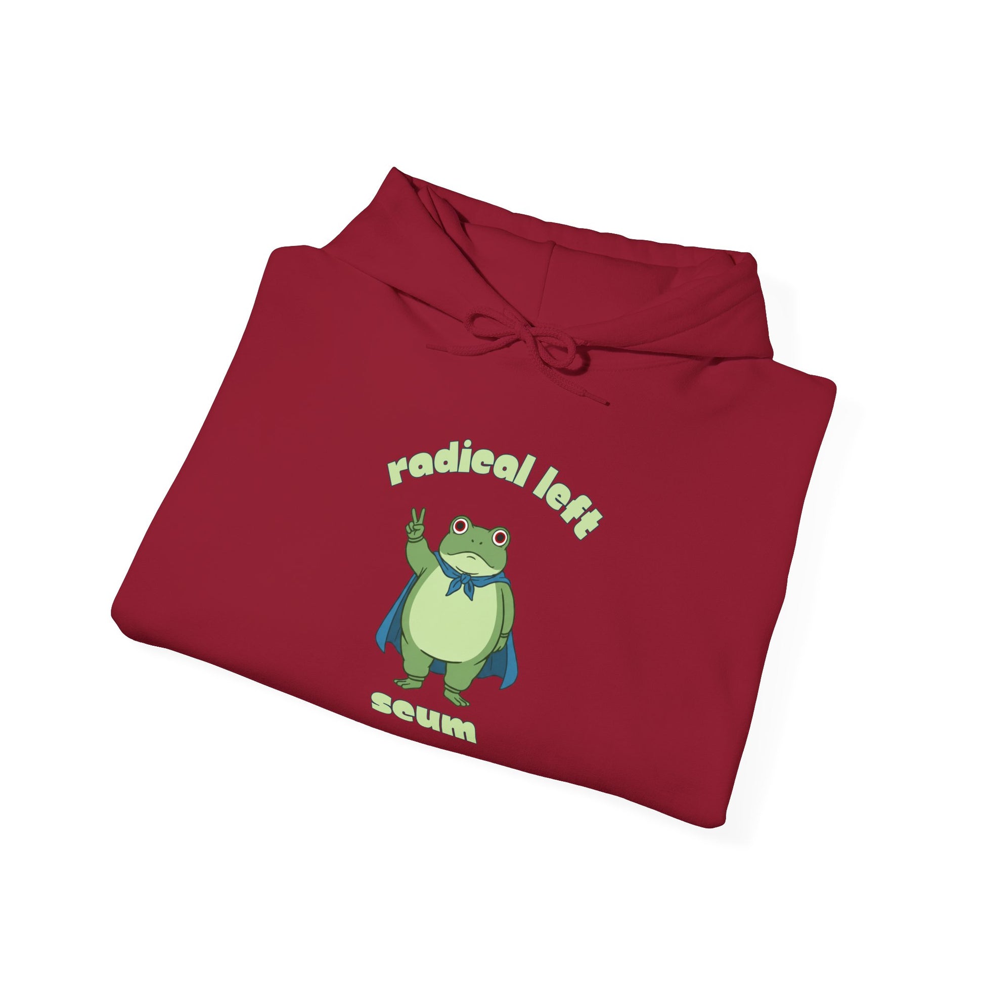 Folded red hoodie with a graphic of the Portland protest frog and text "radical left scum" by empowHER by Heidi