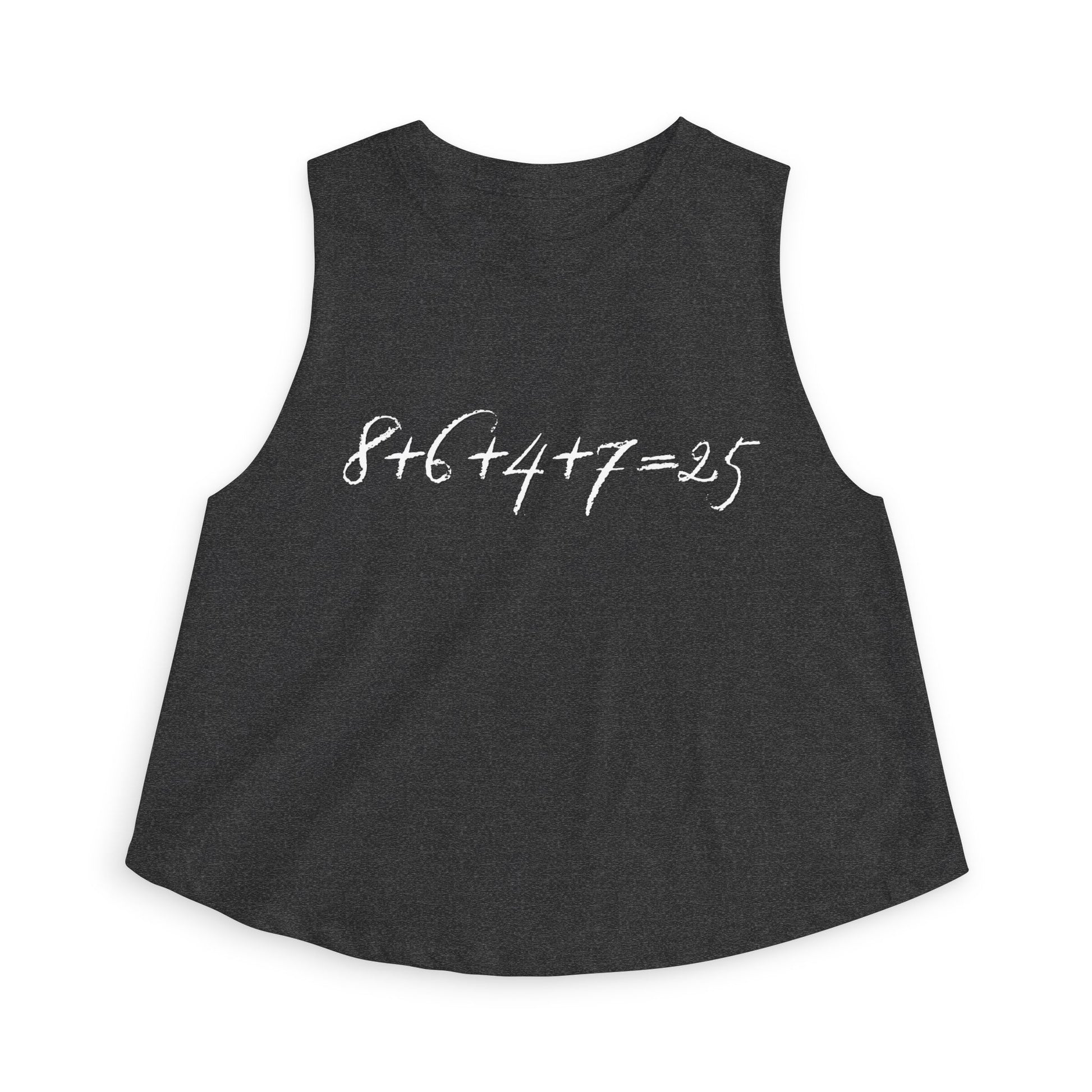 Gray tank top with the mathematical equation "8+6+4+7=25" text by empowHER by Heidi